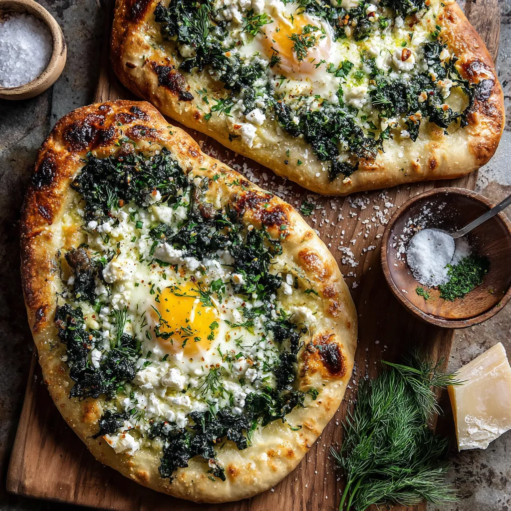 Two pizzas with eggs on top.