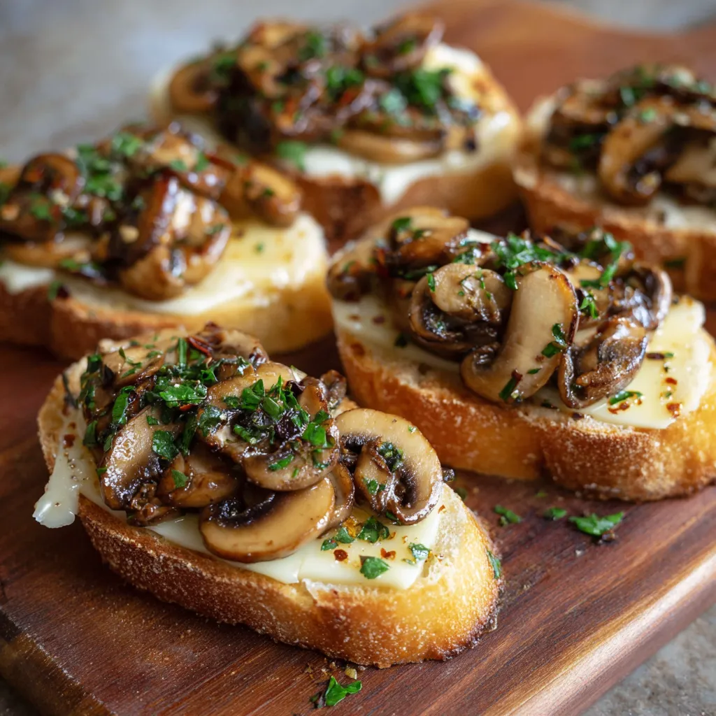 A wooden cutting board with mushrooms on toast.