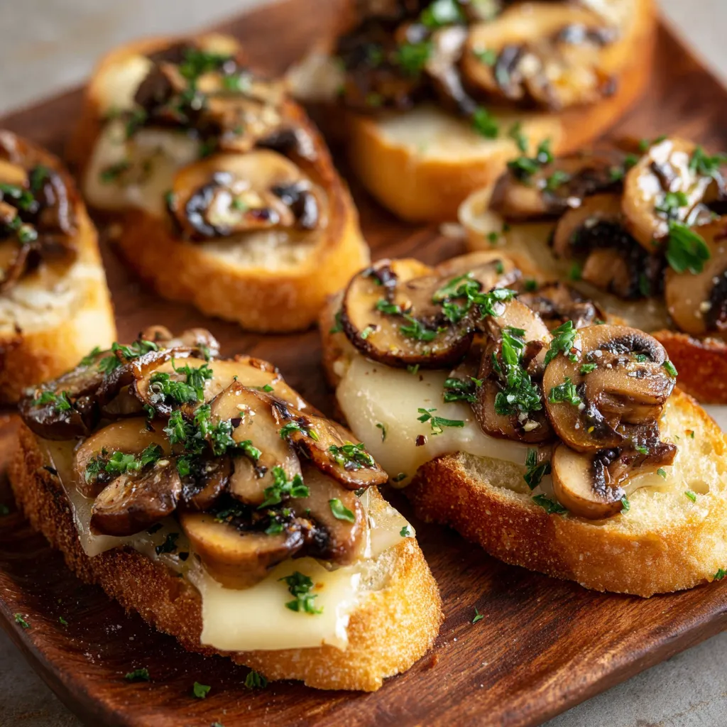 A wooden cutting board with mushrooms on toast.