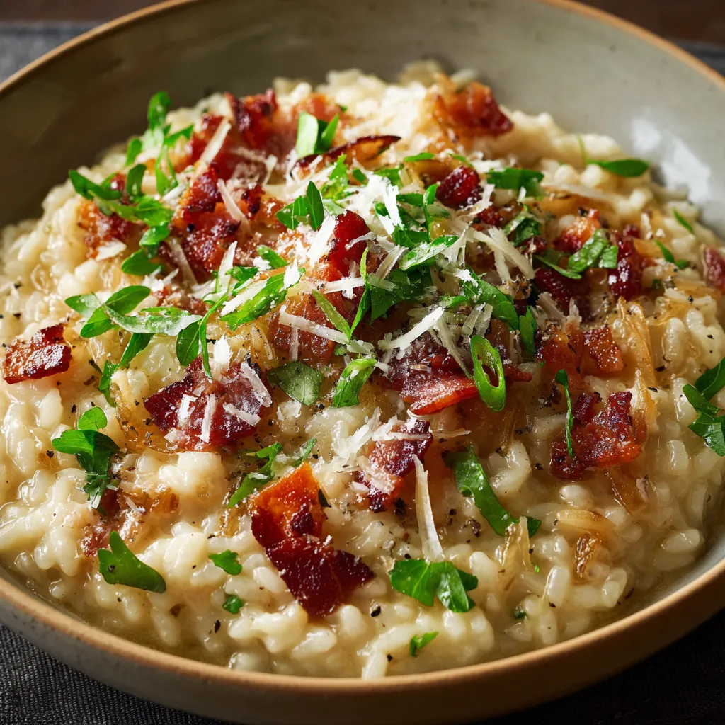 A bowl of pasta with bacon and cheese.