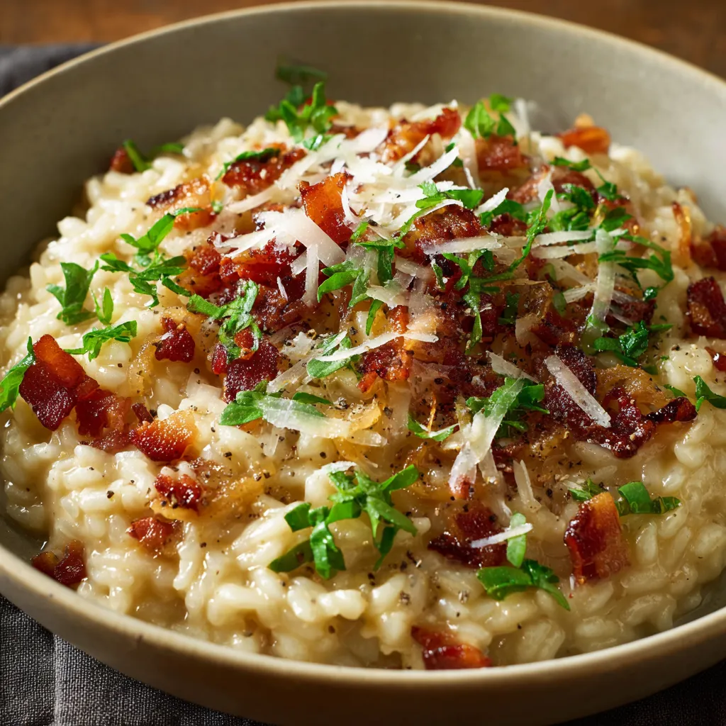 A bowl of pasta with cheese and bacon.