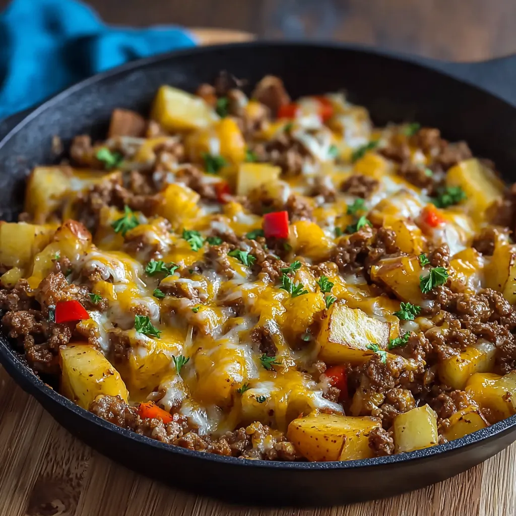A skillet of food with a spoon in it.