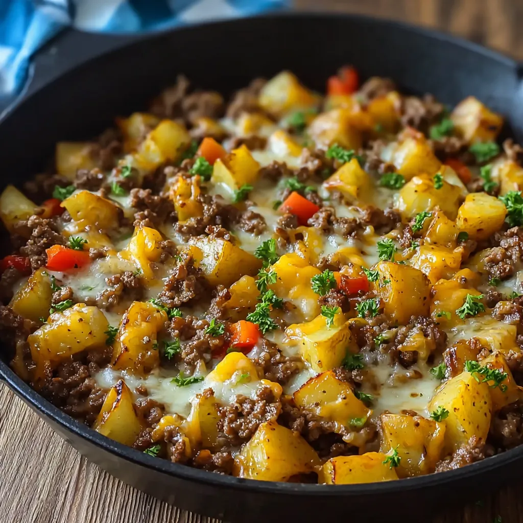 A delicious meal of meat and vegetables in a skillet.