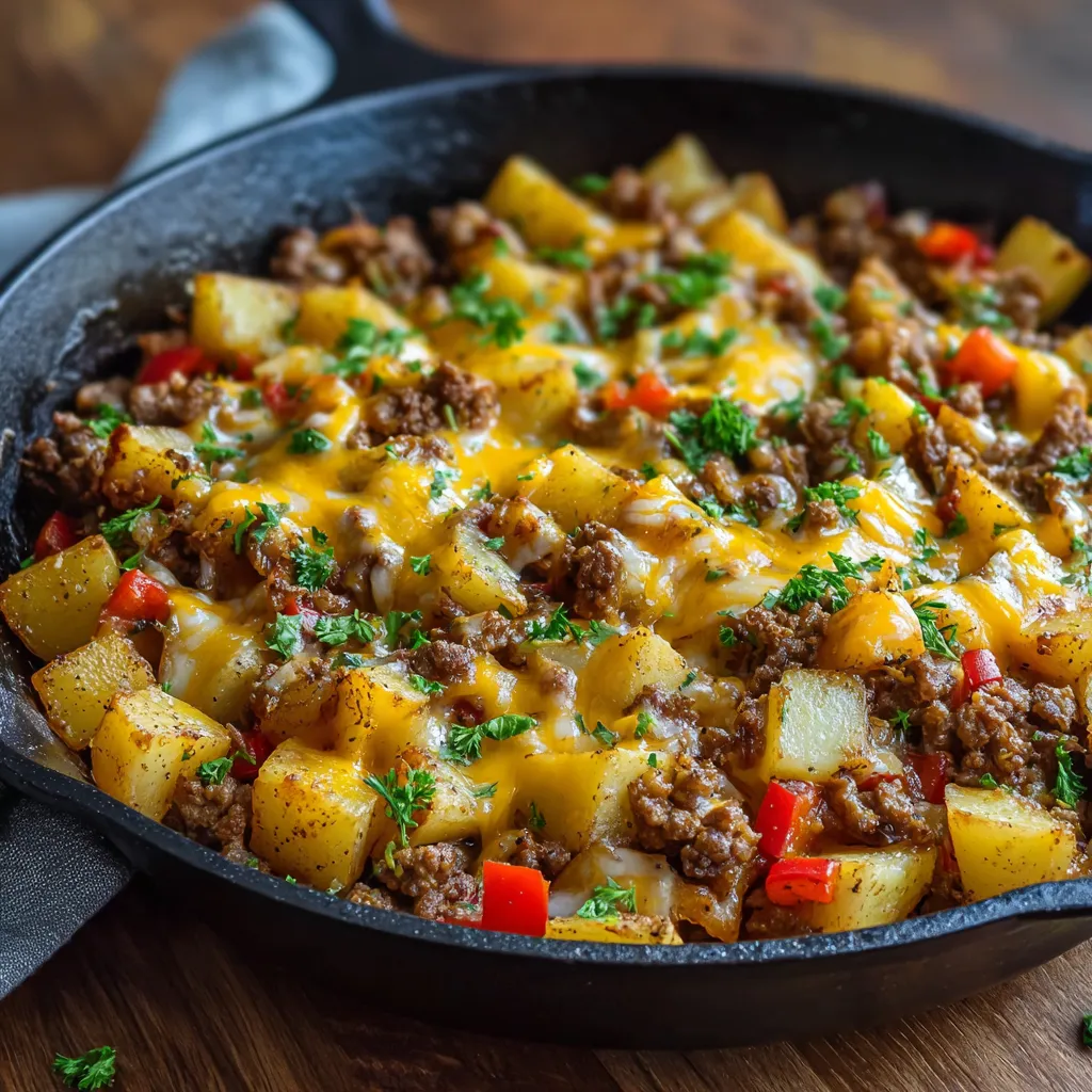 A skillet with a delicious meal of meat and potatoes.