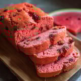 A slice of red bread with raisins on a wooden cutting board.