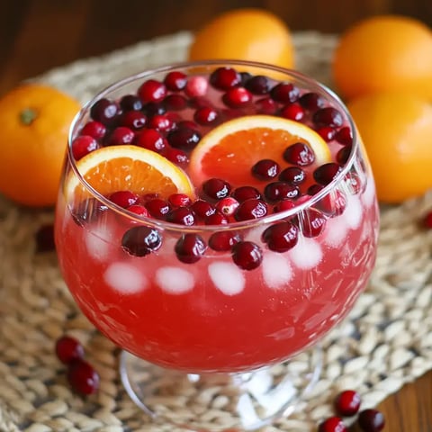 A big glass bowl full of red holiday punch with orange slices and cranberries, sitting on a woven mat with whole oranges nearby.
