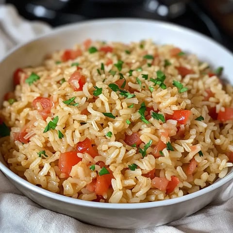 Up-close shot of seasoned rice with tomatoes and fresh parsley on top.