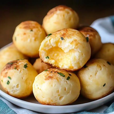 A plate of golden, round cheesy rolls, a few half-eaten, with sprinkles of fresh herbs.