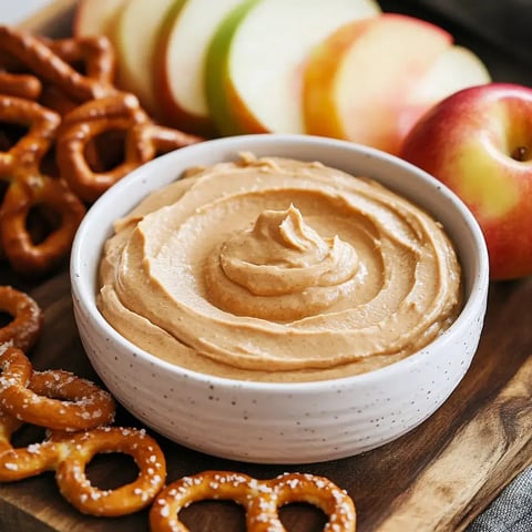 A creamy peanut butter dip in a bowl surrounded by apple slices and pretzels on a rustic board.