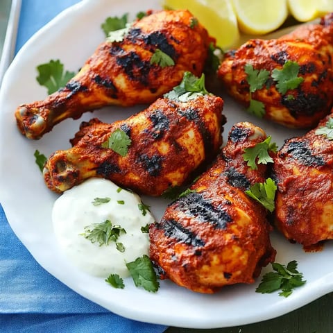 Juicy grilled chicken drumsticks covered in red spices, garnished with fresh herbs and served with a sauce and lemon slices.