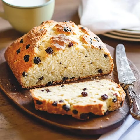 A golden loaf studded with fruit is sliced open on a wooden board. A butter knife and a cup of milk sit nearby.