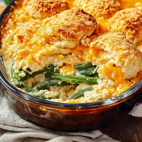 A close-up of creamy green bean casserole topped with flaky, cheese-filled biscuits.