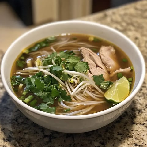 Bowl loaded with noodles, chicken, sprouts, herbs, and a fresh lime, all sitting on a granite counter.