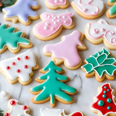 Lots of holiday cookies topped with colorful icing—snowmen, Christmas trees, holly leaves—spread out on a marble counter.