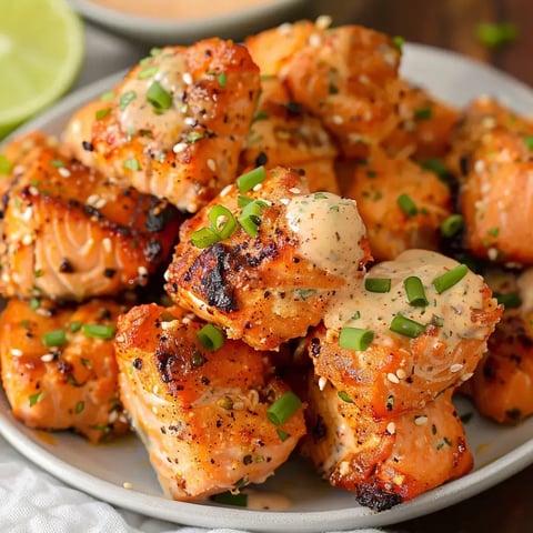 You see grilled salmon cubes topped with sliced scallions and creamy sauce on a plate.