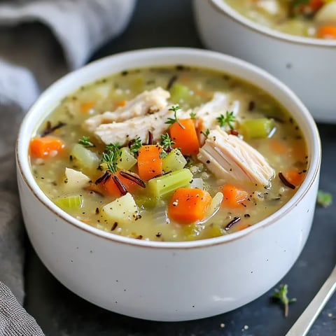A bowl packed with chicken, wild rice, and veggies, all in a cozy creamy soup, sitting on a dark table.