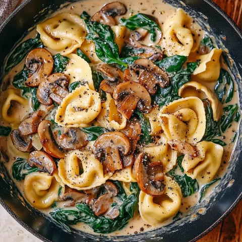 Cheesy tortellini pasta with caramelized onions, spinach, and mushrooms in a soft cream sauce.