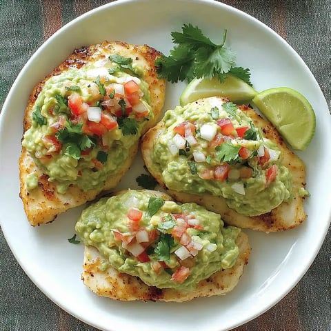 Grilled chicken fillets covered with guac, diced tomatoes, onions, cilantro, and lime slices.