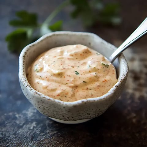 A small bowl filled with creamy, lightly spiced sauce garnished with green herbs and dotted with seasonings.