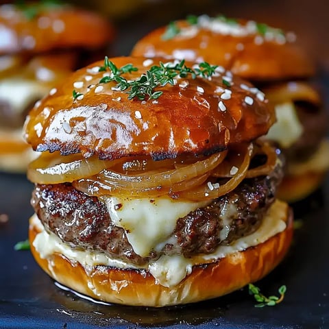 A tempting shot of a homemade burger with a thick beef patty, dripping cheese, golden onions, and a glossy bun with fresh herbs on top.