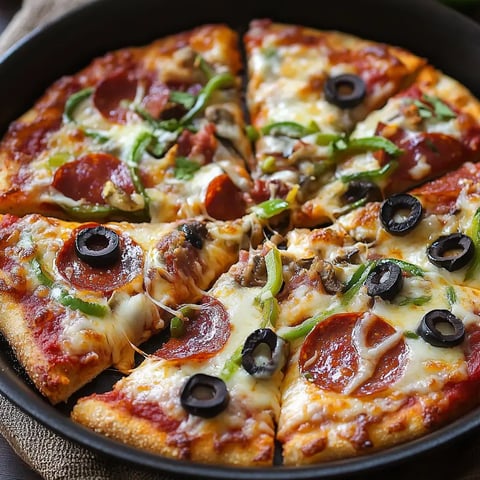 Hot pizza loaded with pepperoni, green peppers, olives, and bubbly cheese, cut into slices.
