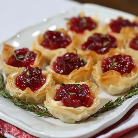 Crispy pastry cups with cranberry sauce and thyme sprigs on a platter.