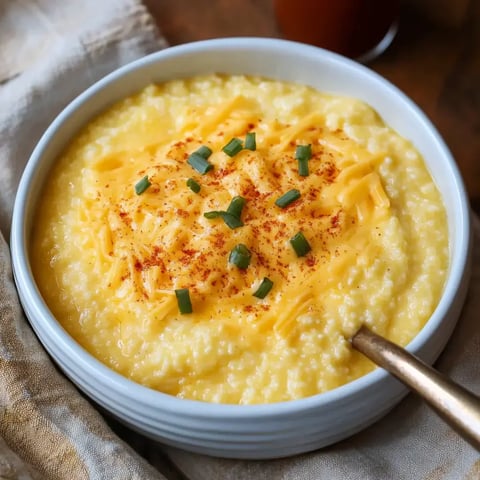A hearty bowl of yellow grits topped with cheddar, green onions, and paprika.