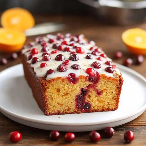 A sliced orange-flavored loaf with icing and cranberries on a white plate, surrounded by cut oranges.