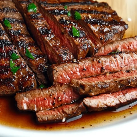 Sliced and grilled steak on a plate sprinkled with parsley, featuring a pink center.