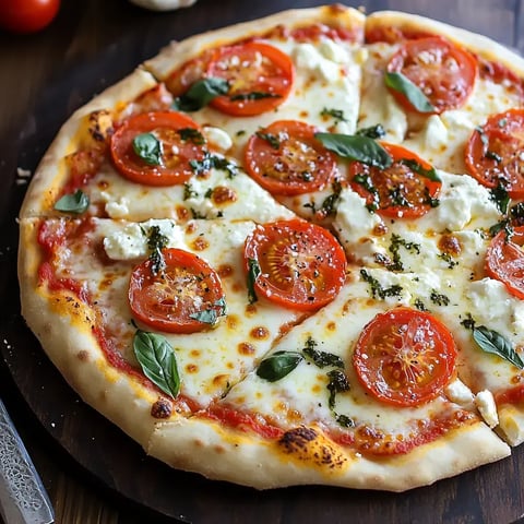 Thin-crust pizza topped with fresh tomatoes, gooey mozzarella, green basil, and olive oil on a wood board.