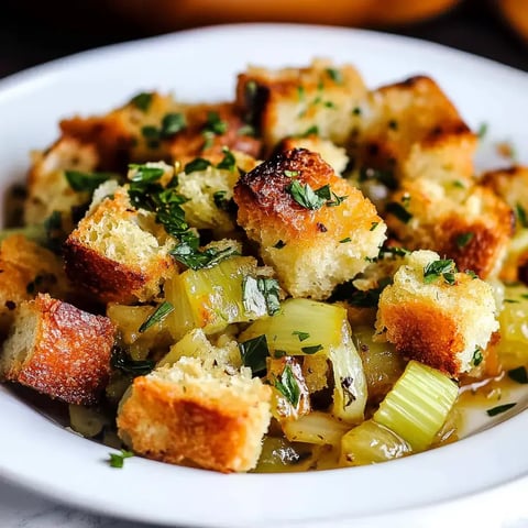 A hearty bowl of stuffing with crusty bread chunks, diced celery, and fresh parsley on top.
