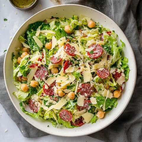 A fresh bowl of chopped romaine, salami slices, grated cheese, and chickpeas topped with herbs.