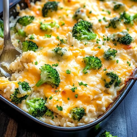 Close-up of cheesy rice and broccoli casserole garnished with parsley.