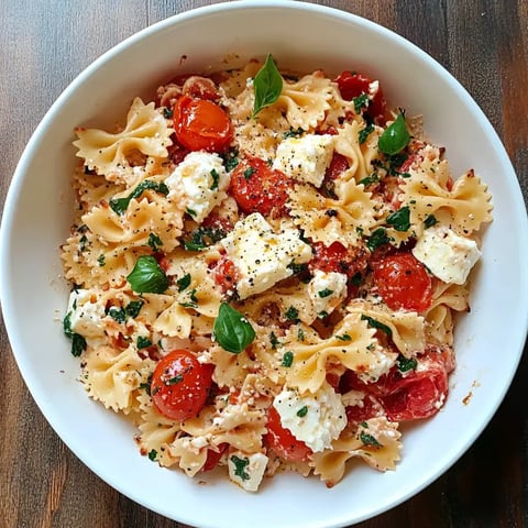 A pasta bowl filled with roasted cherry tomatoes, creamy feta, fresh basil, and herbs mixed together.