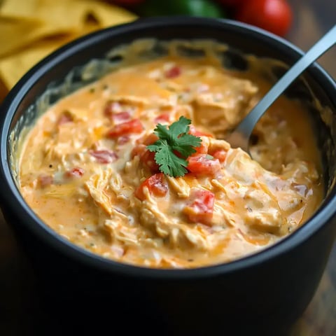 A black bowl with creamy chicken and tomato dip, topped with fresh cilantro.