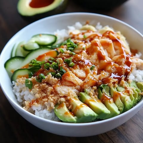 Rice bowl loaded with avocado, cucumber, green onions, shredded chicken, sauce drizzles, and toasted crumbs on top.