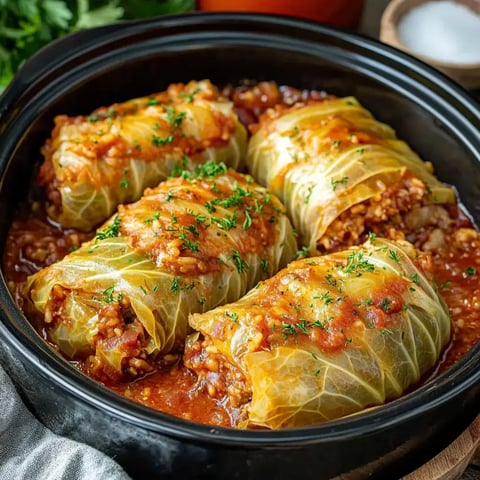 Stuffed cabbage rolls drenched in sauce and sprigs of parsley in a black serving pot.