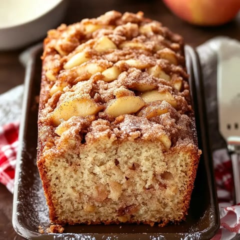 A moist apple and cinnamon loaf topped with a sweet glaze and fresh apple slices, cut to show its texture inside.