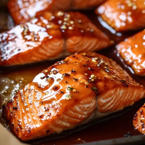 Golden salmon fillets smothered in a glossy glaze, sprinkled with sesame seeds.