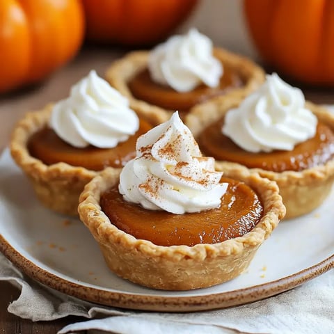 Plated mini pumpkin pies with whipped topping and cinnamon alongside festive pumpkins in the background.