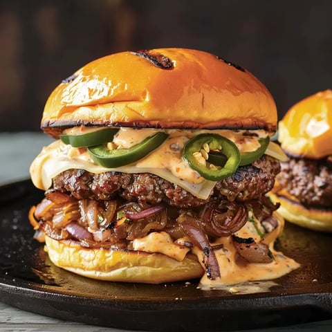 Close view of a hearty burger with crispy edges, melted cheese, jalapeños, brown onions, and sauce on a toasted bun.