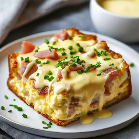 A cheesy, baked egg and ham casserole slice on a plate with sauce and sprinkled herbs.