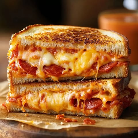 A rustic grilled sandwich stuffed with melted cheese and pepperoni, plated on a wooden board.