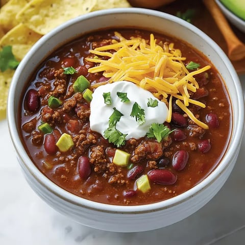 A hot bowl of chili garnished with fresh avocado, green onions, cilantro, cheese, sour cream, and a side of tortilla chips.