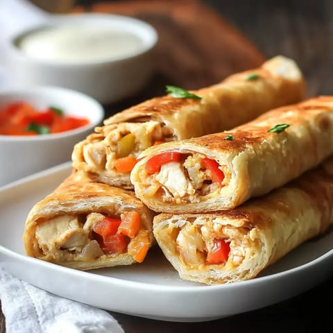 Golden fried chicken rolls served with dipping sauces and veggies, placed on a white plate for an inviting snack.