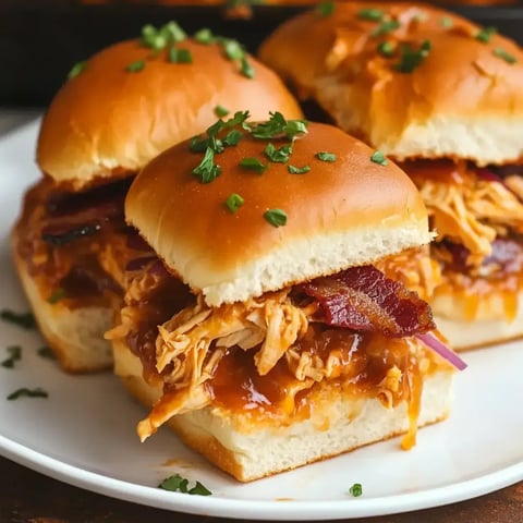 Soft bread sandwiches stuffed with BBQ chicken, crispy bacon, and melted cheese, served fresh on a white plate.