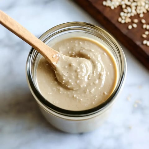 A jar filled with creamy tahini, a wooden spoon inside, and toasted sesame seeds scattered nearby.