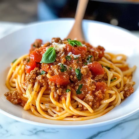 A plate of spaghetti topped with hearty meat sauce, fresh tomato chunks, and garnished with green basil.