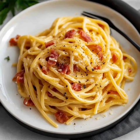 Spaghetti topped with crispy guanciale, grated cheese, and cracked black pepper.