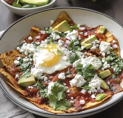 A bowl of nachos topped with a runny egg, avocado, cilantro, red onion, and crumbled cheese, served with a side of greens.